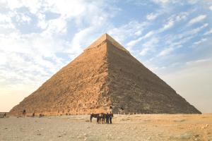 a group of horses standing in front of a pyramid at Grand Museum Guest House in Kafr Abū ʼumaydah