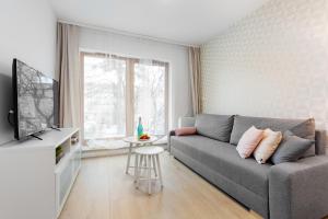 sala de estar con sofá gris y TV en Apartamenty Black&White - Apartament Batory Five, en Gdynia