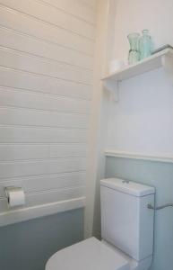 a white bathroom with a toilet and a shelf above it at B&B Valkenbos in The Hague