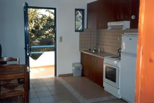 een keuken met een wastafel en een fornuis top oven bij Oasis Apartments in Frangokastello