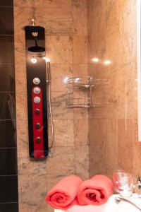 a bathroom with a shower with a red control panel at Romantický wellness suite hotel Heinz in Dobříš