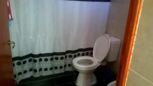 a bathroom with a toilet and a shower curtain at La Posada de Bartola in Tilcara
