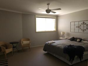 a bedroom with a bed and a ceiling fan at The Old Coolstore - Braeburn Apt in Merricks North