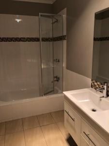 a bathroom with a shower and a sink and a tub at The Old Coolstore - Braeburn Apt in Merricks North