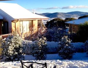 ein schneebedeckter Hof mit einem Haus in der Unterkunft Jindabyne Executive in Jindabyne