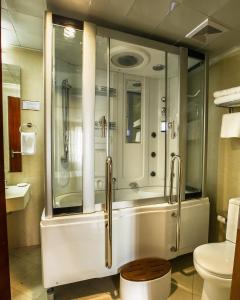 a bathroom with a shower and a toilet at G Empire in Astana