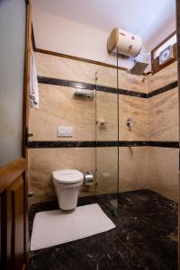 a bathroom with a toilet and a glass shower at 19VillaMira in Pondicherry