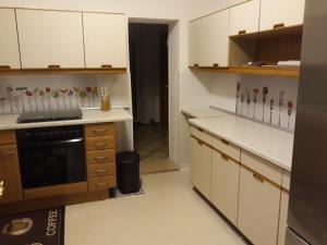 Una cocina con gabinetes blancos y un horno de estufa. en Tal-Residenz Haus Nr 5, en Bad Salzuflen