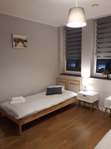 a bedroom with a bed and two windows at Arkadia Hostel in Mława