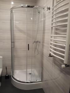 a shower with a glass door in a bathroom at Arkadia Hostel in Mława
