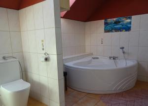 a bathroom with a tub and a toilet at Ferienwohnungen Nordstraße in Arnstadt