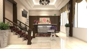 a lobby with a piano and a staircase with flowers at Pensiunea Elisei in Timişoara