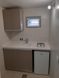 a small kitchen with a sink and a stove at Bauhaus Chalets Apartment in Bcharré