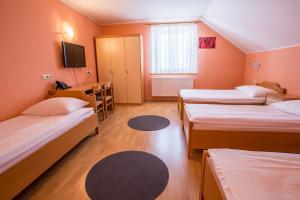 Zimmer mit 3 Betten, einem Schreibtisch und einem TV in der Unterkunft Guesthouse Beno in Starše