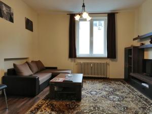Central Academic Apartment Sofia في صوفيا: غرفة معيشة مع أريكة وطاولة قهوة