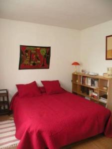 a bedroom with a red bed and a book shelf at Chambre d'Hôtes Rue des Fougères in Louviers