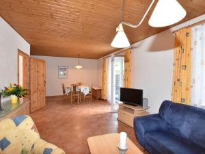 a living room with a blue couch and a tv at Farm holiday home in Damshagen with garden seating and sauna in Klütz