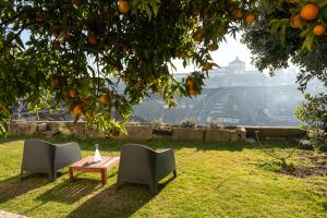 a picnic table and two chairs under an orange tree at Manor House Porto in Porto