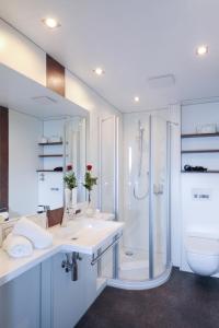 a bathroom with a shower and a sink and a toilet at Hotel Vierjahreszeiten in Breitengüßbach