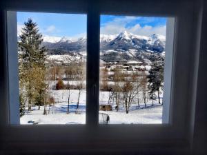 une fenêtre avec vue sur une montagne enneigée dans l'établissement Gîte de Champflorin, à Seyne