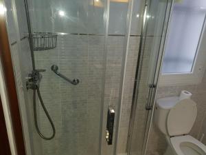 La salle de bains est pourvue d'une douche et de toilettes. dans l'établissement Hostal Angelines, à Madrid