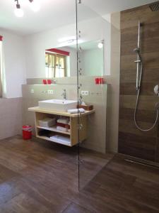 uma casa de banho com um lavatório e um chuveiro em Ferienhof Beim Kemptar em Bad Hindelang