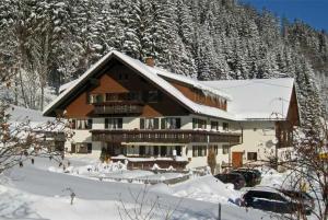 une grande maison dans la neige avec des voitures garées devant dans l'établissement Ferienhof Ammann, à Bad Hindelang