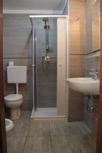 a bathroom with a shower and a toilet and a sink at Hotel MM Dateo in Milan