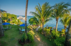 Blick auf das Meer von einem Resort mit Palmen in der Unterkunft Casa Nostra in Lívingston
