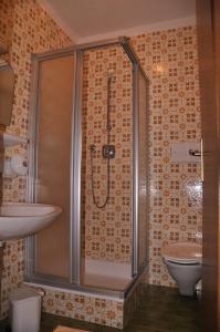 a bathroom with a shower and a sink and a toilet at Gasthof Schluff in Soprabolzano