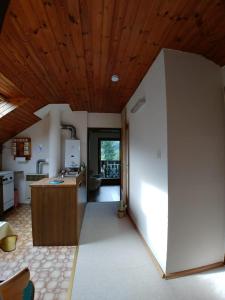 a living room with a wooden ceiling and a kitchen at Apartment Fam. Zappe in Steinhaus am Semmering