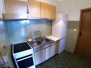 a small kitchen with a sink and a refrigerator at Beach Apartment Viktor 2 in Postira