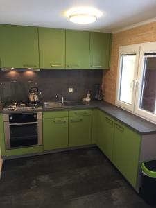 een keuken met groene kasten, een wastafel en een fornuis bij Waldhaus Wangen in Burg-Reuland