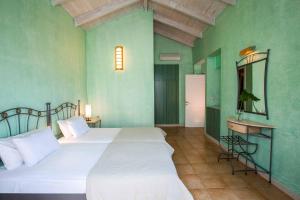 een slaapkamer met 2 bedden en groene muren bij Villa Agapi in Sivota
