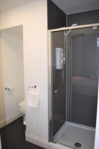 a bathroom with a glass shower with a toilet at Kelpies Serviced Apartments in Falkirk