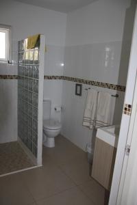 ein weißes Bad mit einem WC und einer Dusche in der Unterkunft Whitehouse Lagun Apartments in Lagun + 27 Fotos