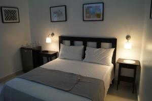 City Caribbean Hotel Boutique في سانتو دومينغو: غرفة نوم بسرير مع طاولتين ومصباحين