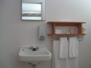 y baño con lavabo y espejo. en Sherbrooke Village Inn, en Sherbrooke