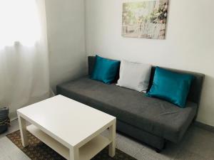 バレンシアにあるApartamento Franciscoのソファ(青とグレーの枕付)、テーブルが備わります。