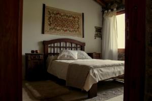 ein Schlafzimmer mit einem Bett und einem Bild an der Wand in der Unterkunft Casa de Piedra in Potrerillos
