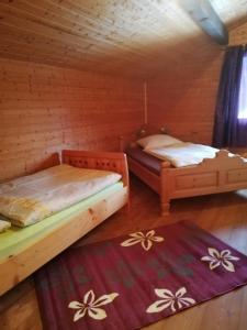 two beds in a room with wooden walls at Ferienhaus Schnider in Galgenul
