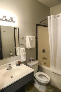 a bathroom with a white toilet and a sink at Bar-B Inn in Assiniboia