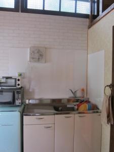 cocina con fregadero y microondas en Loft & Log House, en Okayama