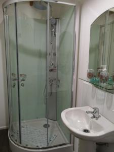 a bathroom with a shower and a sink at Domos y Cabañas Algarrobo in Algarrobo
