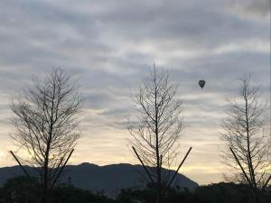 a hot air balloon flying in the sky over trees at Blue Sky Hill Homestay in Guanshan