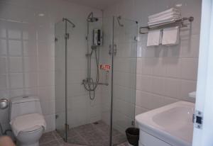 帕堯的住宿－Lew Residence，带淋浴、卫生间和盥洗盆的浴室