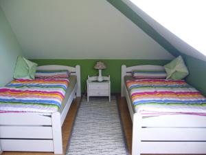 two twin beds in a room with green walls at Ferienwohnung Waldblick in Munster im Heidekreis
