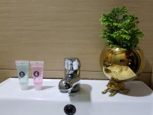 a sink with a faucet and a vase with a plant at Leo Leisure Hotel @ Central Market in Kuala Lumpur