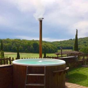 a hot tub in a garden with smoke coming out of it at Villa Le Caggia in Sovicille