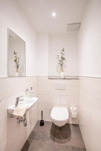 La salle de bains blanche est pourvue de toilettes et d'un lavabo. dans l'établissement Apart Auszeit, à Niederthai